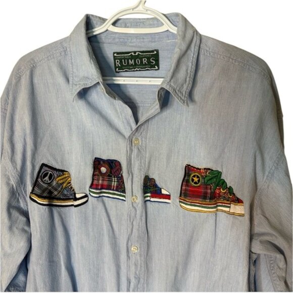 Other - RUMORS Mens Denim Button Down Shirt Light Wash Sneaker Embellishment
